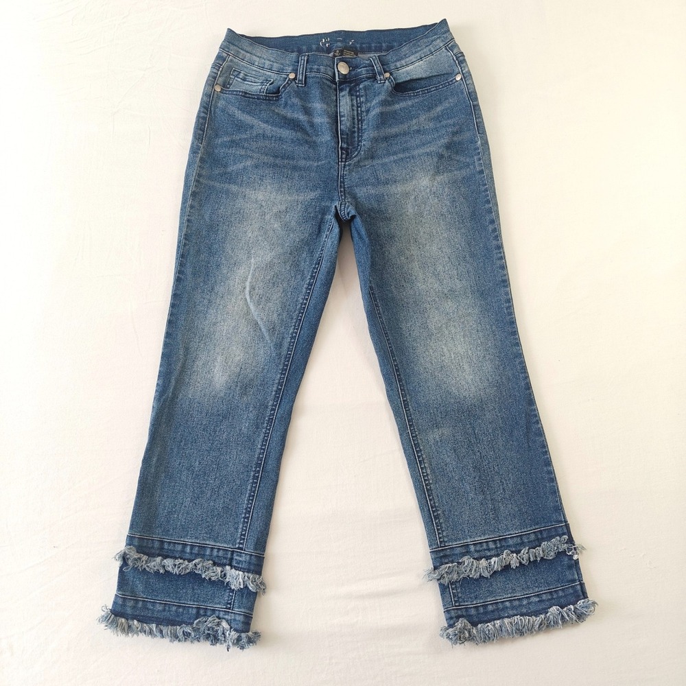DG2 by Diane Gilman Straight Leg Jeans Women 8 Blue Double Frayed Hem Cropped